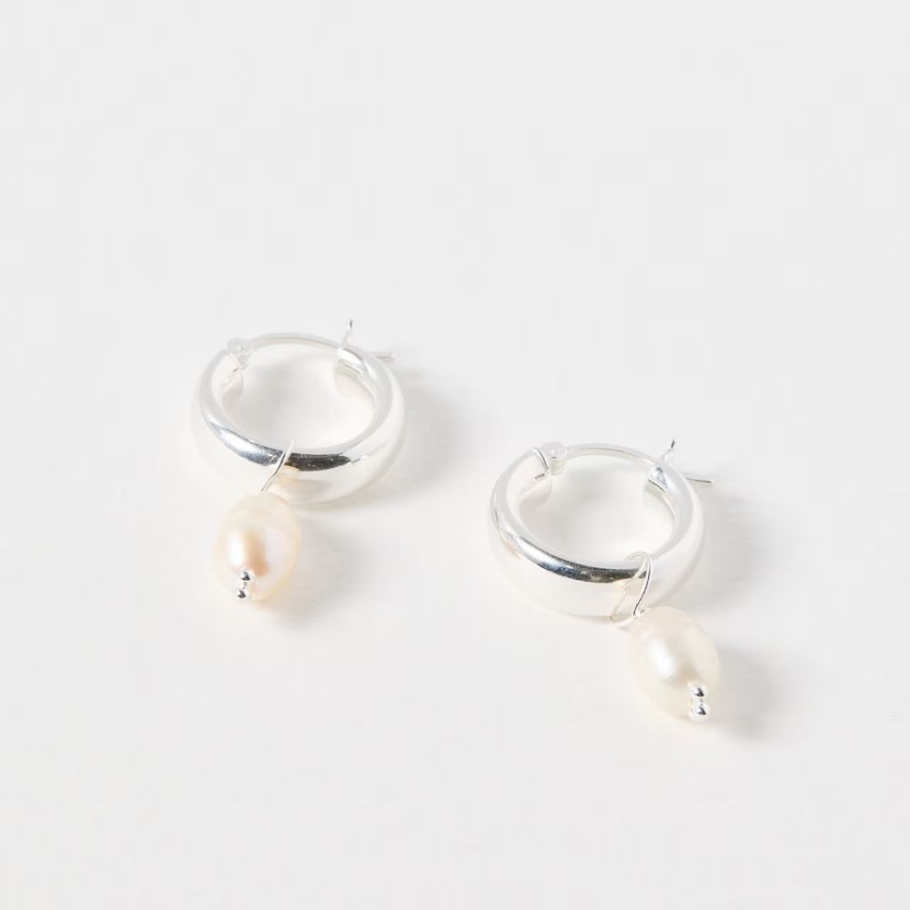 Pearl Charm Chunky Silver Hoop Earrings – Oliver Bonas