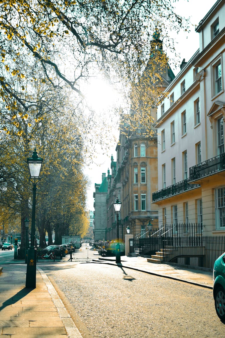 A sunny day in London's iconic streets, showcasing classic architecture.
