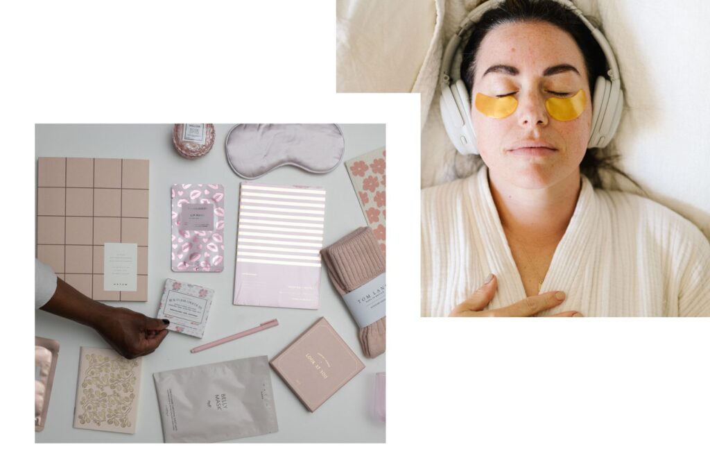 2 images - gifts and woman at spa